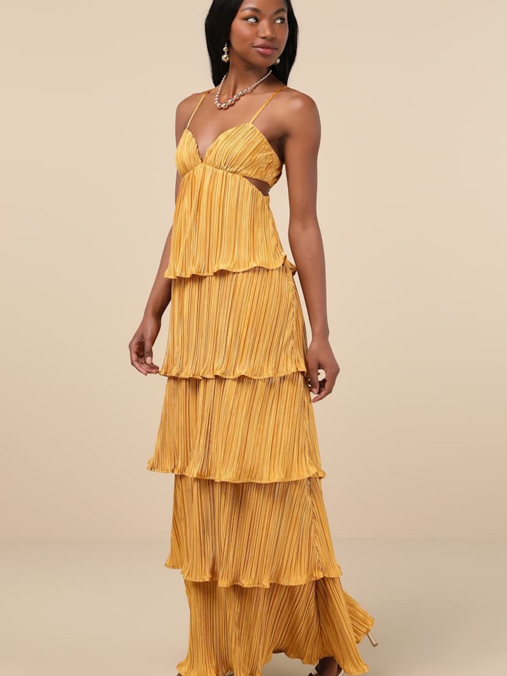 Lulu's Women’s Marigold Tiered Pleated Maxi Wedding Guest Dress Small - Picture 3 of 15